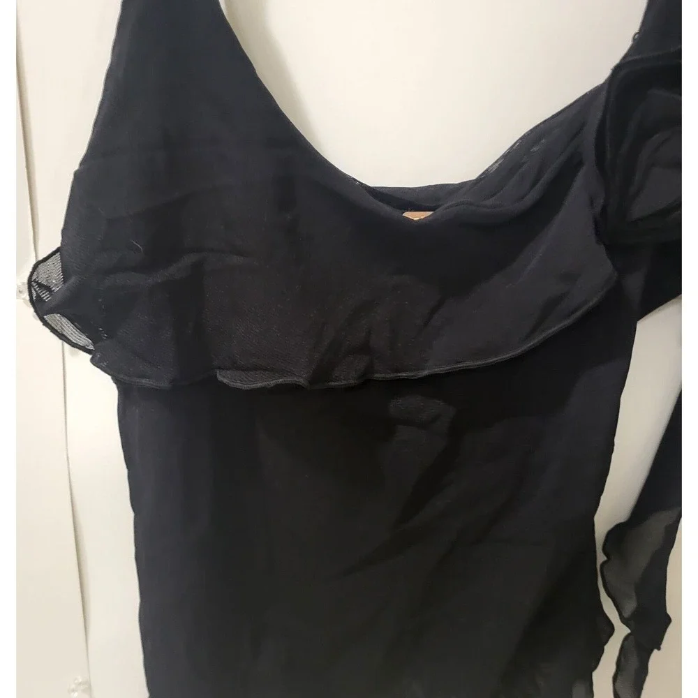 Free People, Play Hard Low Rise, Asymetric  Black Cami With Black Rose Design...